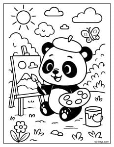 דף צביעה של פנדה צייר מצייר ציור בטבע עם מכחול ולוח צבעים