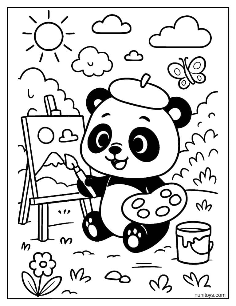Coloriage panda artiste peignant un paysage sur un chevalet