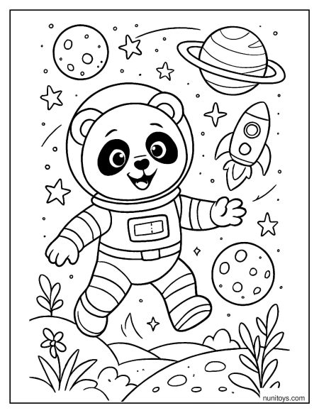 דף צביעה של פנדה אסטרונאוט חמוד מרחף בחלל בין כוכבים וכוכבי לכת