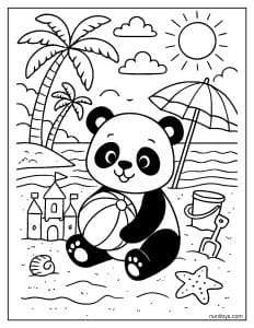 דף צביעה של פנדה משחקת בכדור על חוף הים עם שמש ודקל