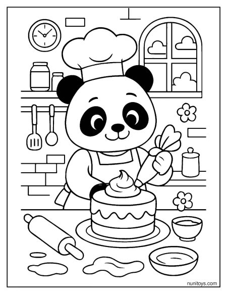 דף צביעה של פנדה אופה חמודה מקשטת עוגה במטבח