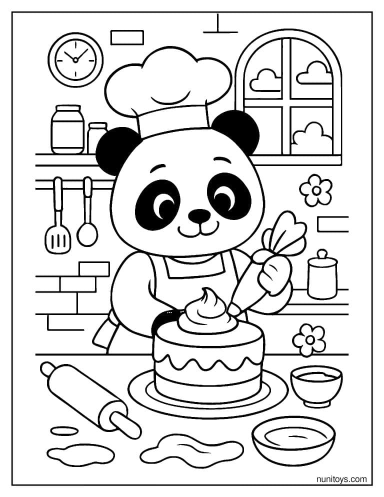 Coloriage panda pâtissier décorant un gâteau dans sa cuisine