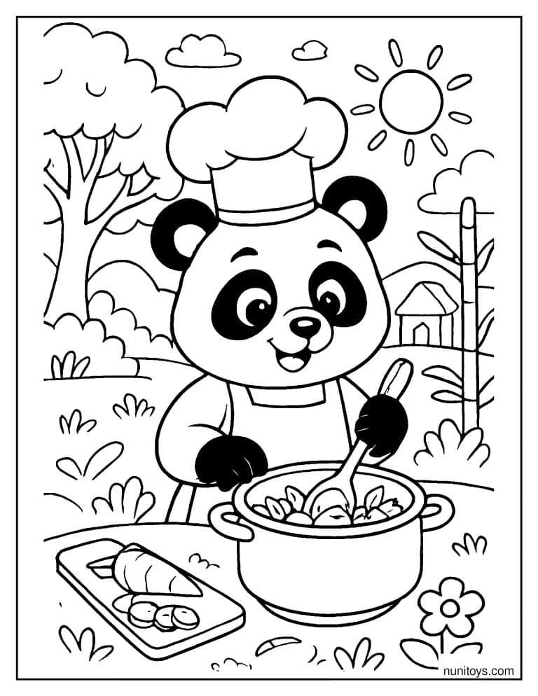 Coloriage panda cuisinier préparant une soupe en plein air