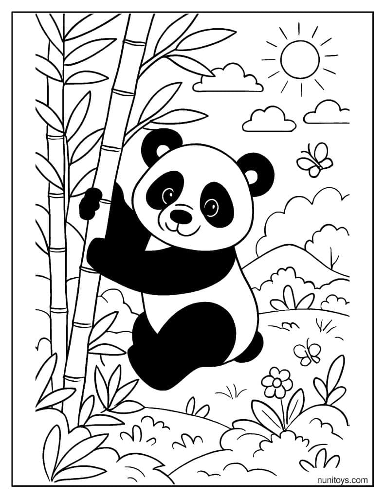 דף צביעה של פנדה חמודה מטפסת על עץ במבוק בטבע