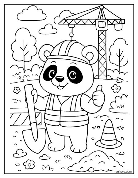 דף צביעה של פנדה פועל בניין באתר עבודה עם קסדה ואת חפירה