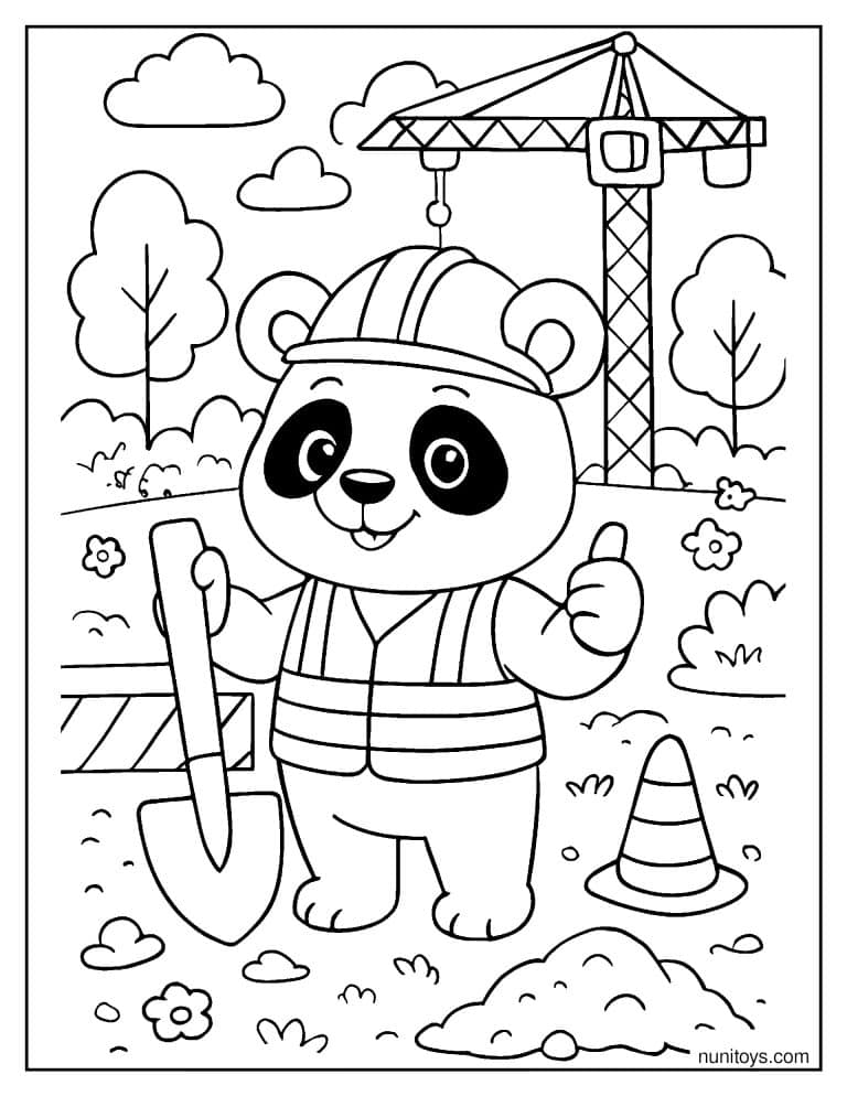 Coloriage panda ouvrier sur un chantier avec pelle et grue
