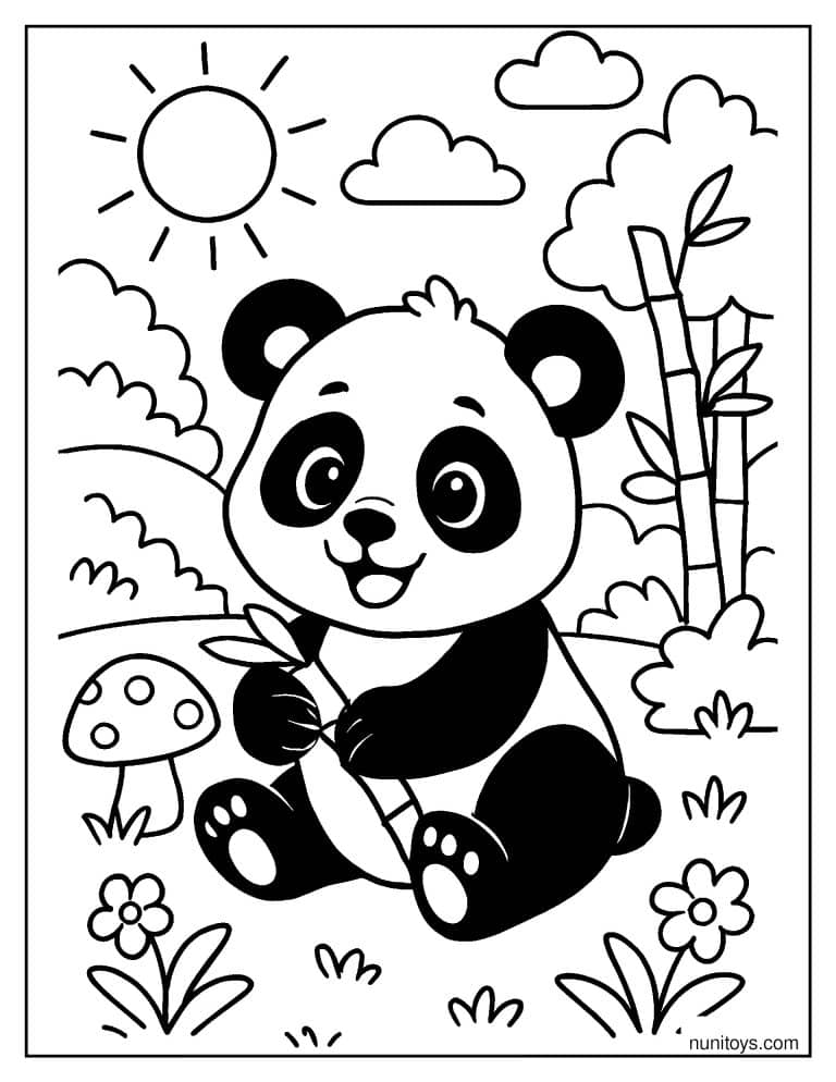 Coloriage panda souriant tenant une jeune pousse dans la nature