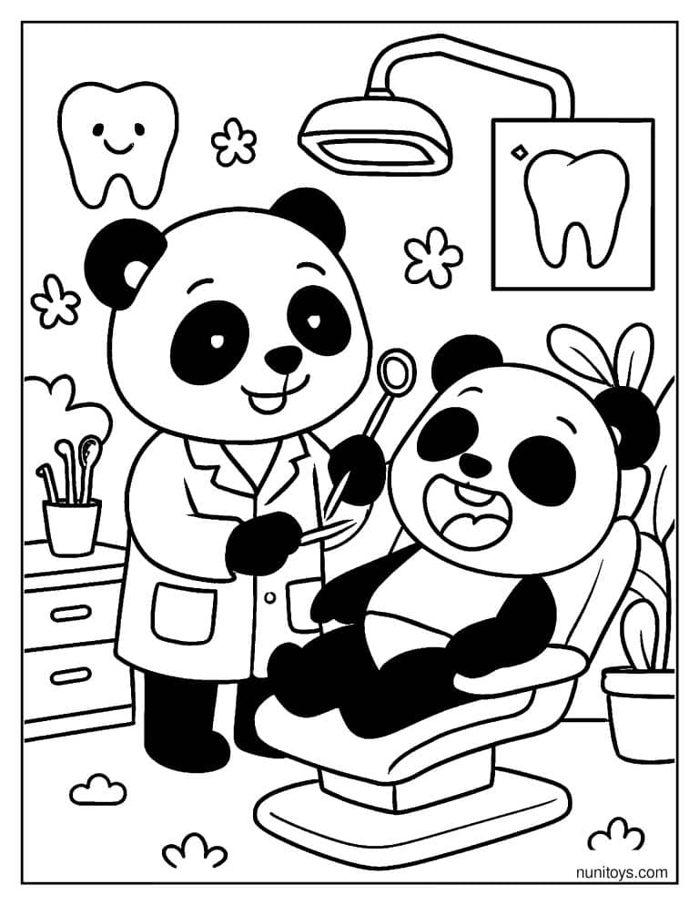 Coloriage panda dentiste examinant les dents d’un petit patient