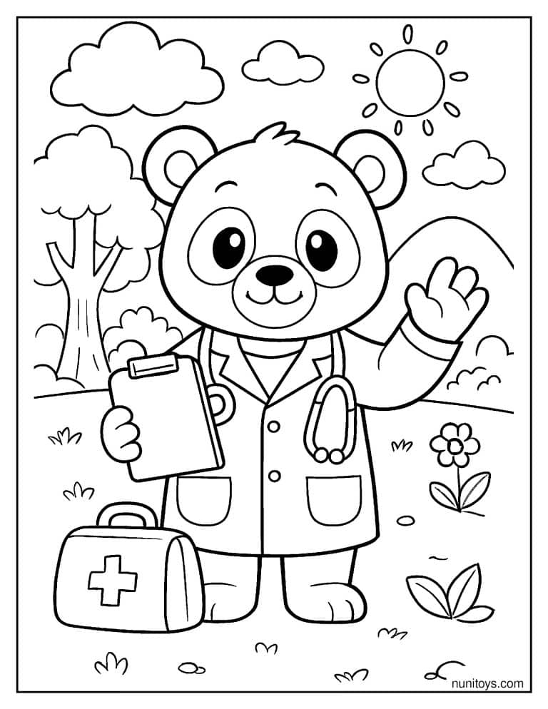 Coloriage panda médecin avec stéthoscope et trousse de secours