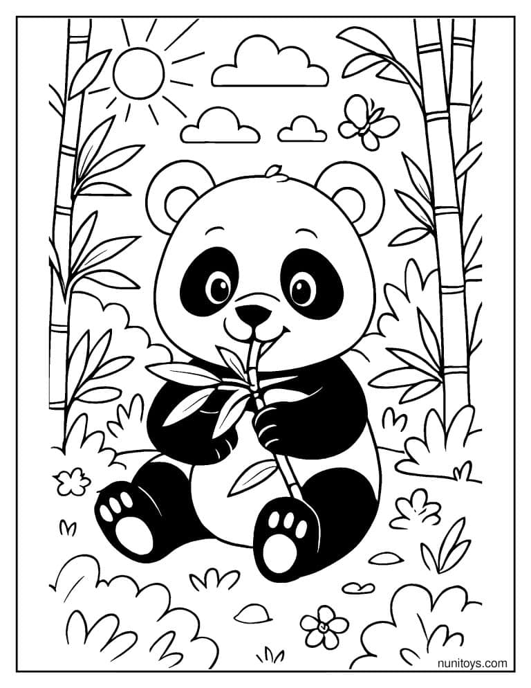 Coloriage panda mangeant des feuilles de bambou dans la forêt