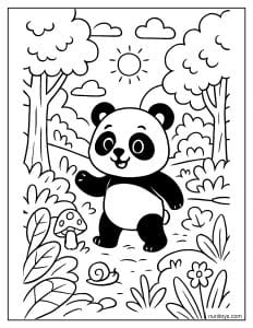 פנדה חוקרת ביער דף צביעה חמוד בין עצים פרחים ופטריות