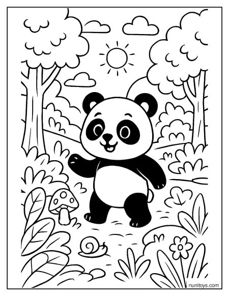 פנדה חוקרת ביער דף צביעה חמוד בין עצים פרחים ופטריות