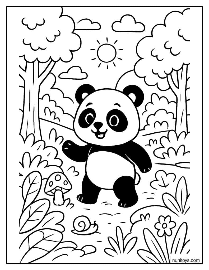פנדה חוקרת ביער דף צביעה חמוד בין עצים פרחים ופטריות
