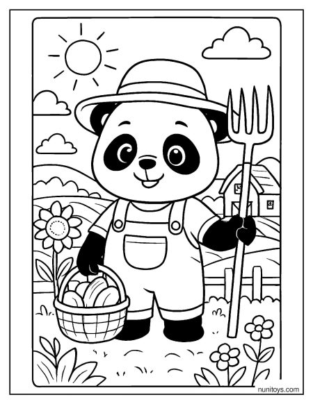 דף צביעה של פנדה חקלאי בשדה עם סל ירקות וקלשון