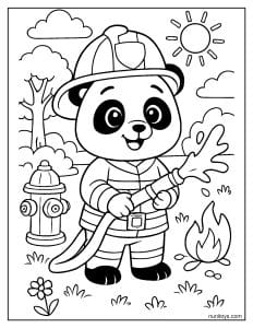 דף צביעה של פנדה כבאי חמוד מכבה אש עם צינור מים