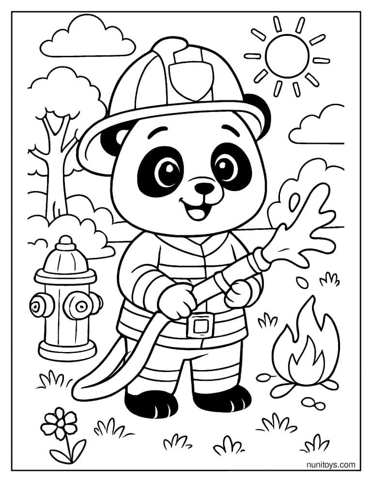 Coloriage panda pompier utilisant une lance près d’une flamme