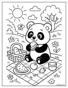 דף צביעה של פנדה עושה פיקניק בטבע עם אוכל ופרחים
