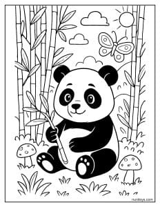 פנדה חמוד ביער במבוק עם פרפרים ציור לצביעה