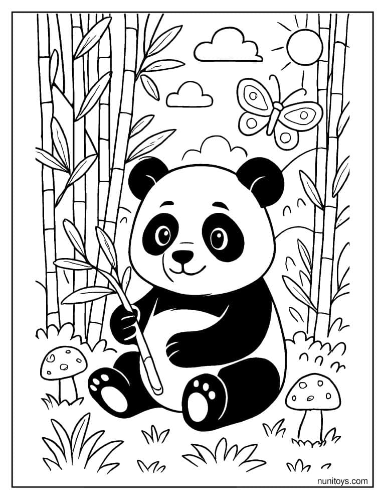 Coloriage panda assis avec une tige de bambou et des champignons