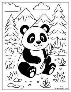 פנדה יושבת ביער הררי דף צביעה עם ענף במבוק ביד