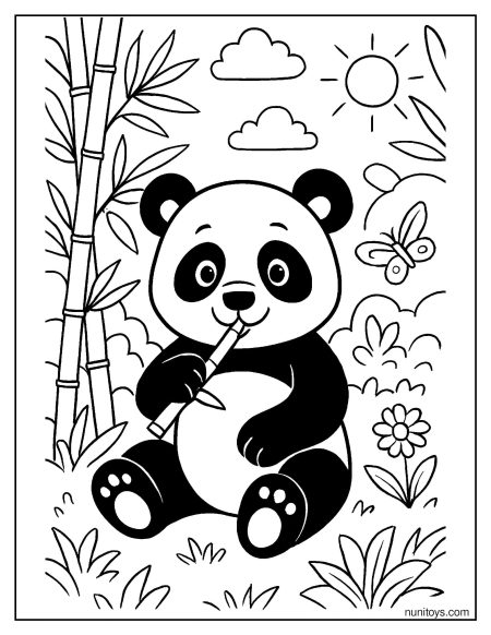 דף צביעה של פנדה בטבע עם פרחים ופרפרים
