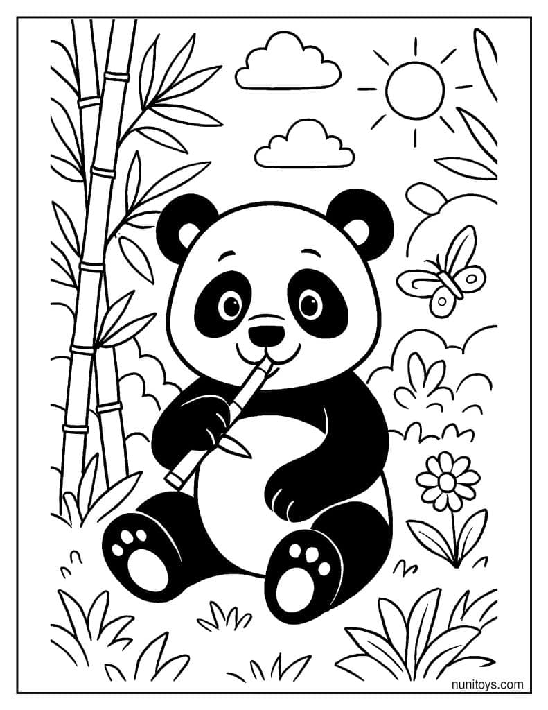 דף צביעה של פנדה בטבע עם פרחים ופרפרים