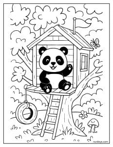 דף צביעה של פנדה בבית עץ עם סולם וצמיג תלוי