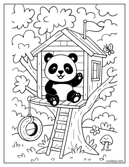 דף צביעה של פנדה בבית עץ עם סולם וצמיג תלוי