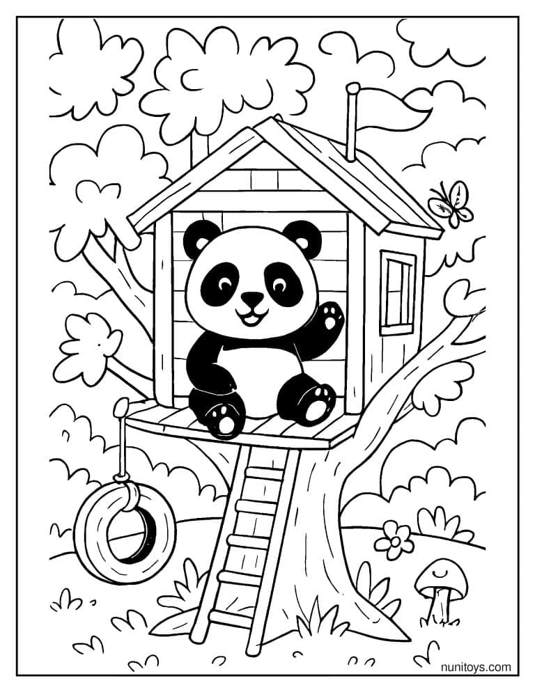 Coloriage panda saluant depuis une cabane perchée dans un arbre