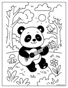 דף צביעה של פנדה מוזיקאי מנגן בגיטרה בטבע בין עצים ופרחים