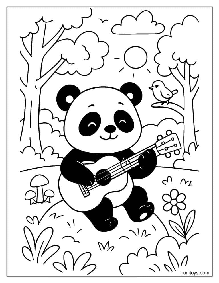 Coloriage panda musicien jouant de la guitare dans la nature