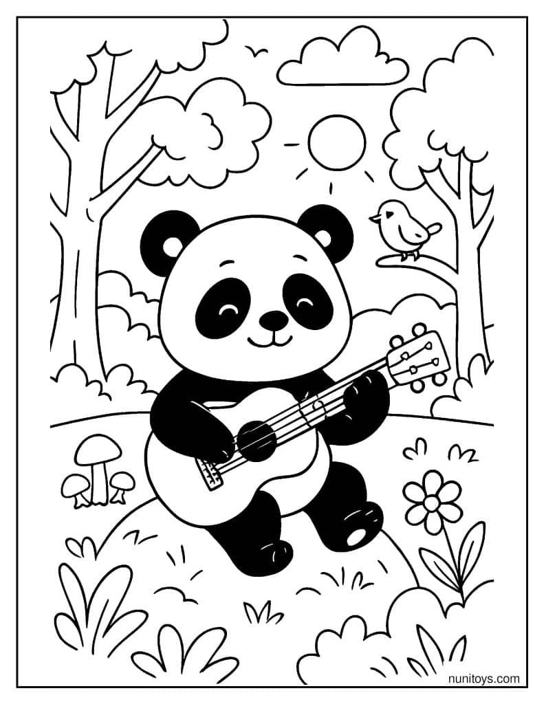 דף צביעה של פנדה מוזיקאי מנגן בגיטרה בטבע בין עצים ופרחים