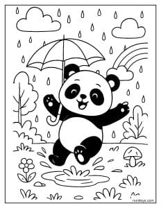 דף צביעה של פנדה שמחה משחקת בגשם עם מטרייה וקשת בענן