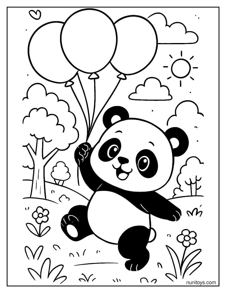 Coloriage panda courant avec trois ballons dans un parc