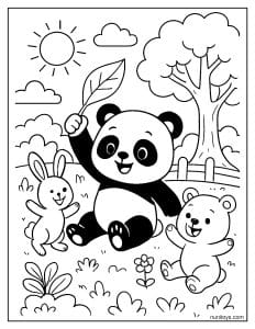 פנדה משחקת עם חברים דף צביעה חמוד בגן עם ארנב ודובון