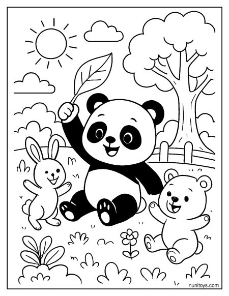 פנדה משחקת עם חברים דף צביעה חמוד בגן עם ארנב ודובון