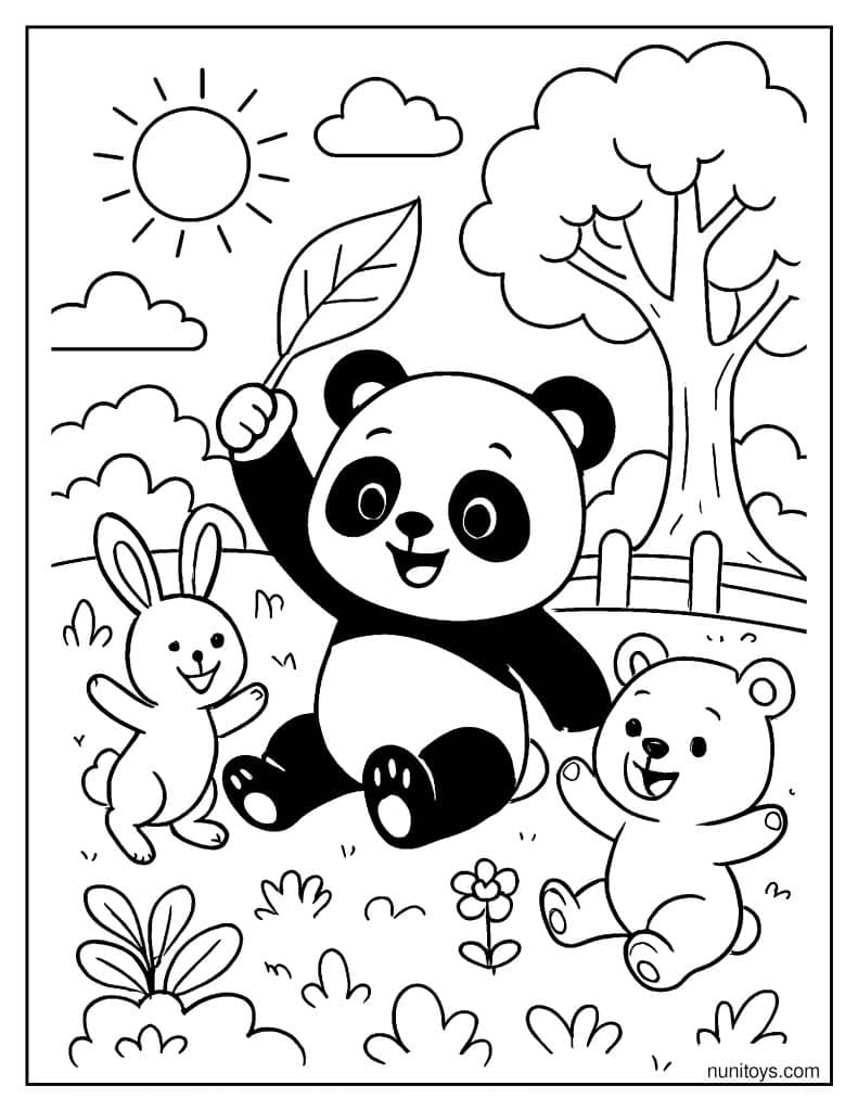 פנדה משחקת עם חברים דף צביעה חמוד בגן עם ארנב ודובון