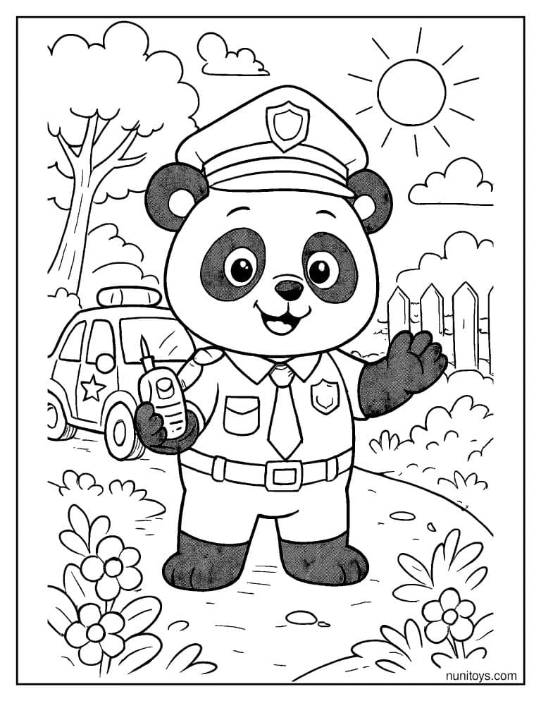 Coloriage panda policier avec radio devant une voiture de police