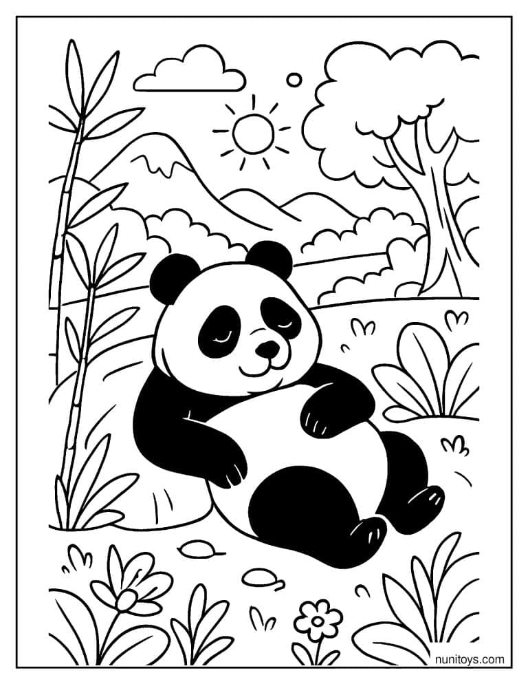 Coloriage panda reposant dans un paysage de bambous et de montagnes