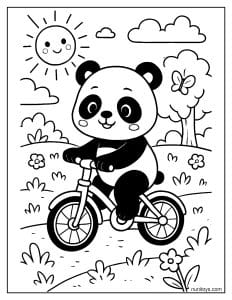 דף צביעה של פנדה חמודה רוכבת על אופניים בגן עם פרחים ושמש