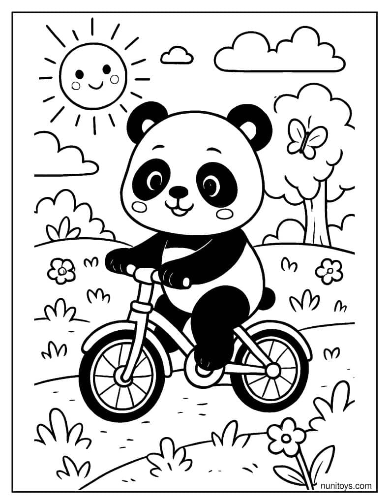 דף צביעה של פנדה חמודה רוכבת על אופניים בגן עם פרחים ושמש