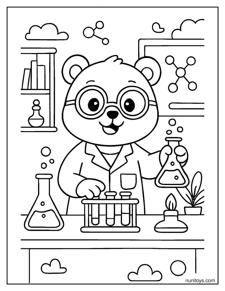 דף צביעה של פנדה מדען במעבדה עם מבחנות וניסויים