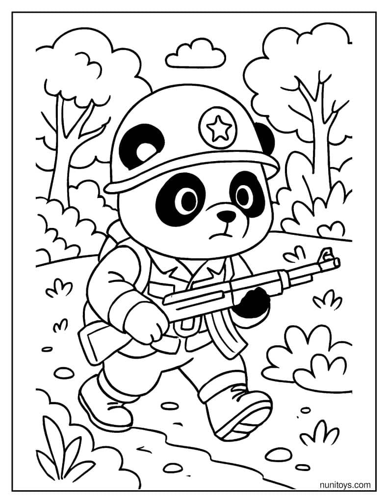 דף צביעה של פנדה חייל במשימה ביער עם ציוד צבאי