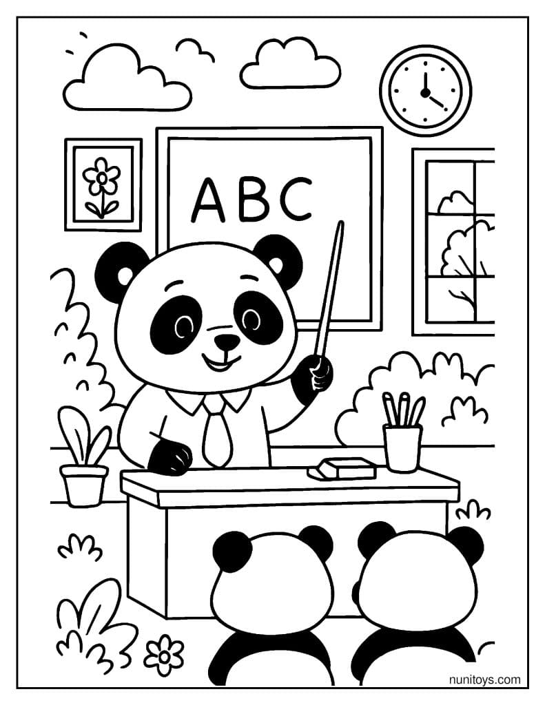 דף צביעה של פנדה מורה בכיתה מלמדת ילדים מול לוח