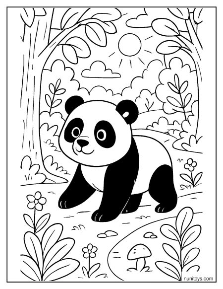 דף צביעה של פנדה הולכת בשביל יער בין עצים ופרחים