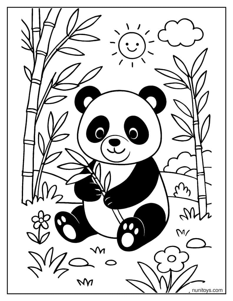 דף צביעה של פנדה חמודה מחזיקה ענפי במבוק תחת שמש מחייכת
