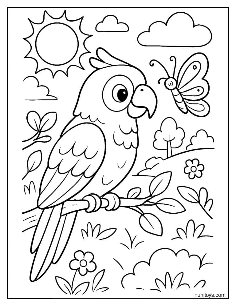 Coloriage perroquet observant un papillon dans un jardin ensoleillé