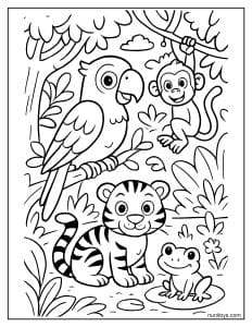 דף צביעה של חיות ג׳ונגל חמודות עם תוכי קוף נמר וצפרדע