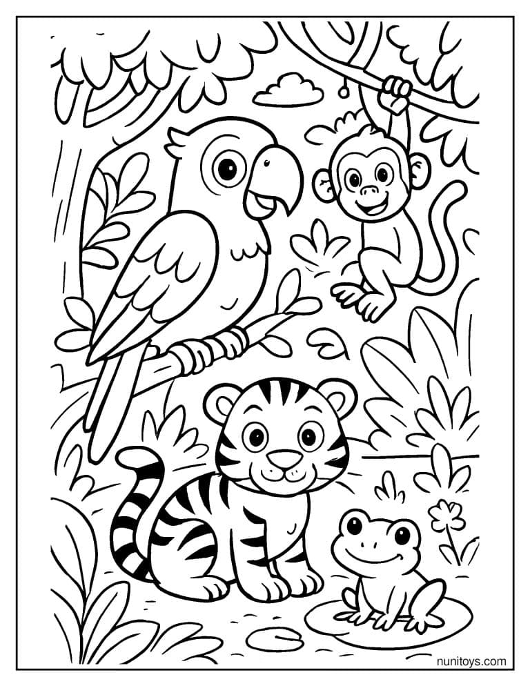 Coloriage perroquet avec singe, tigre et grenouille dans la jungle