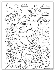 תוכי וציפורים בגינה פורחת דף צביעה לילדים